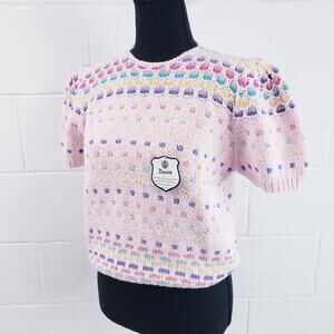 Vintage Deans of Scotland Short Sleeve Spring Pink Knit Sweater Ramie Cotton Lg